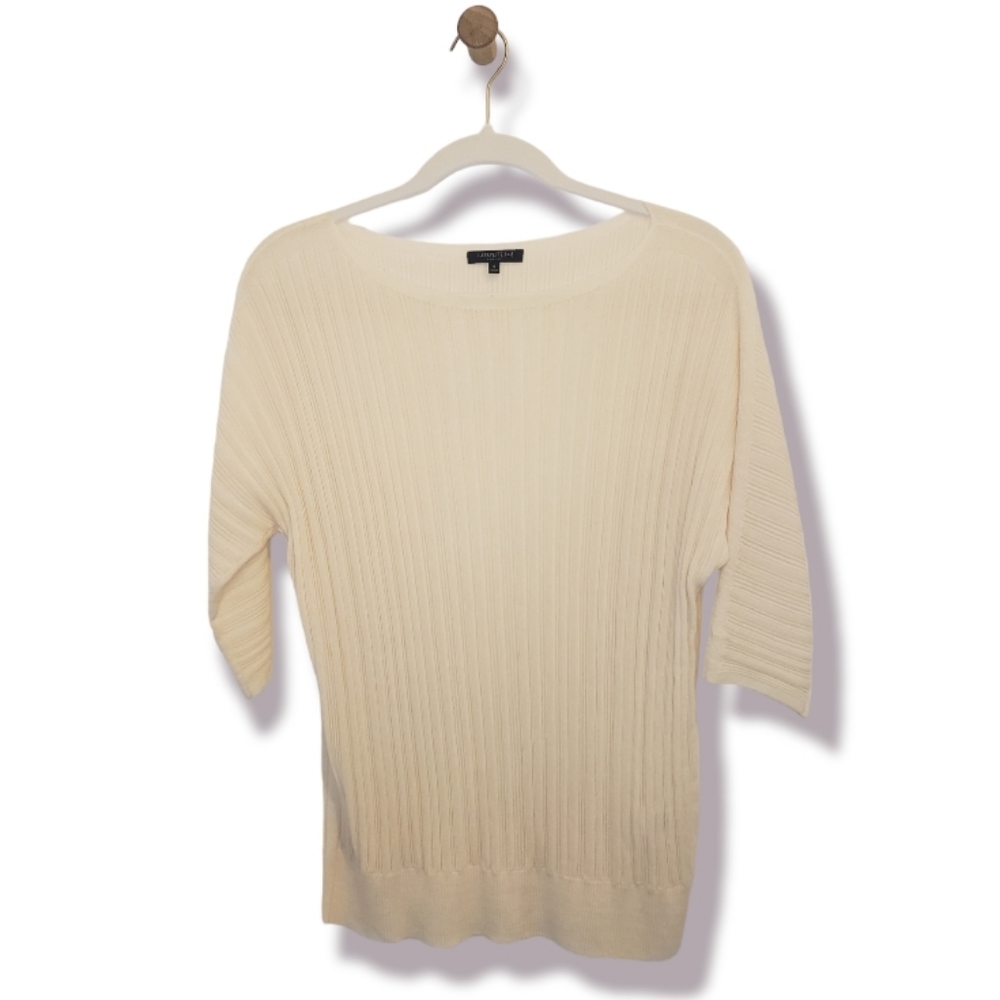 Lafayette 148 Dolman Ribbed Semi Sheer Cream Plisse Sweater Size S - Picture 2 of 12